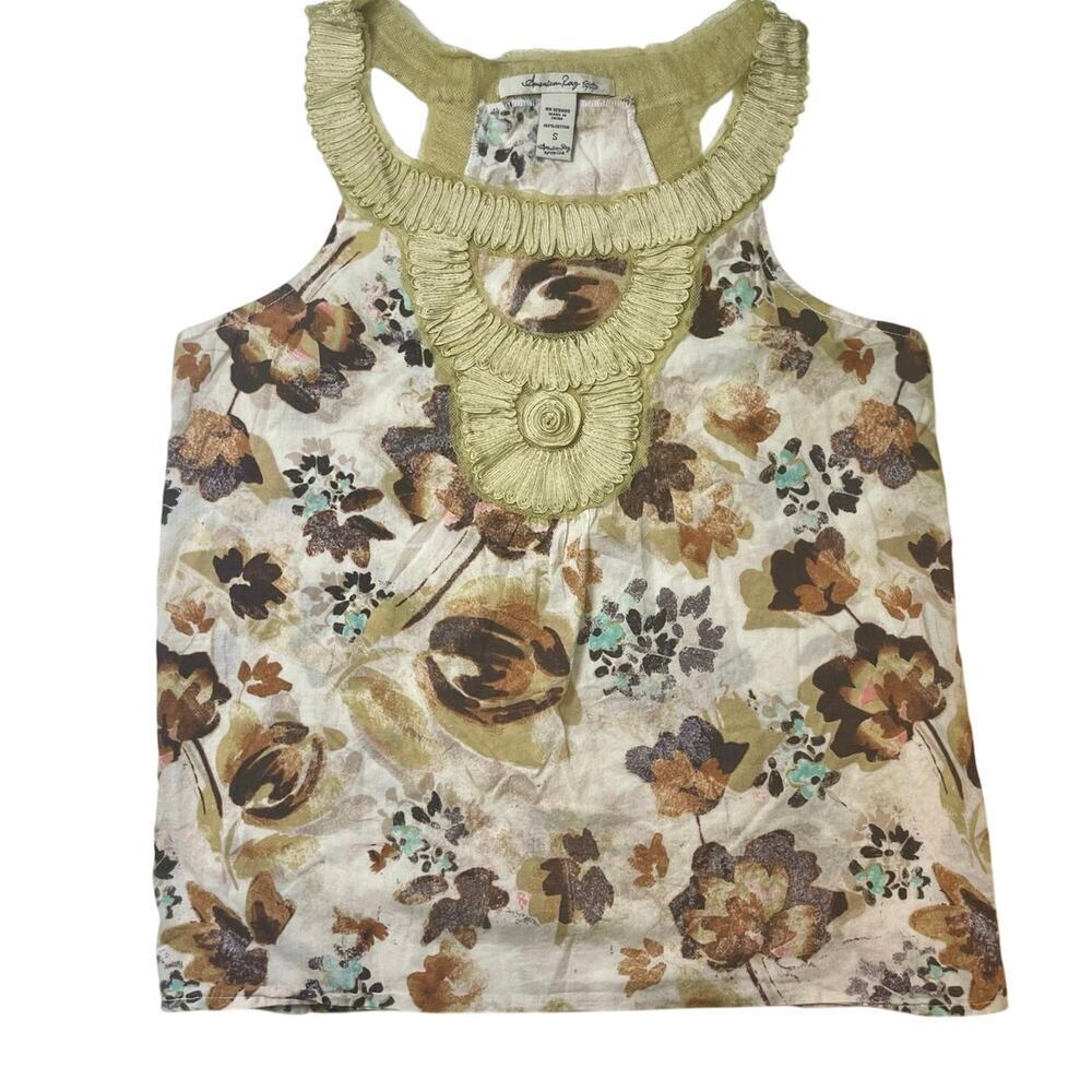 Y2K AMERICAN RAG TANK TOP GOLD BROWN FLORAL SZ S COTTON AESTHETIC FAIRY CORE